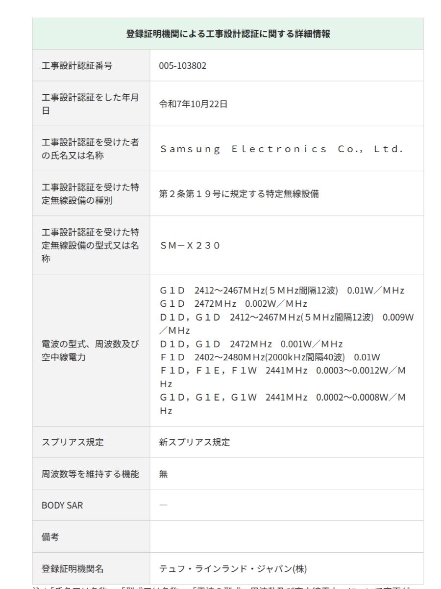 Galaxy Tab A11+ SM-X230 技適通過