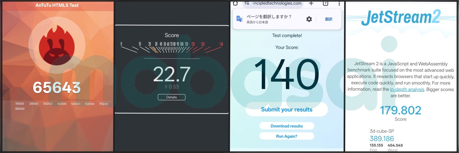 Dimensity 9500 ブラウザベンチマーク AnTuTu HTML5 Speedometer3.1、WebXPRT4、JetStream2