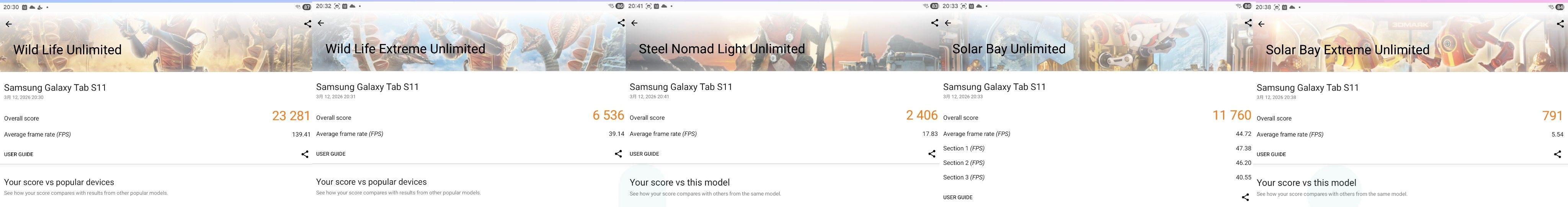 Galaxy Tab S11 3DMark wild life、wild life extreme、steel nomad light、solar bay、solar bey extreme