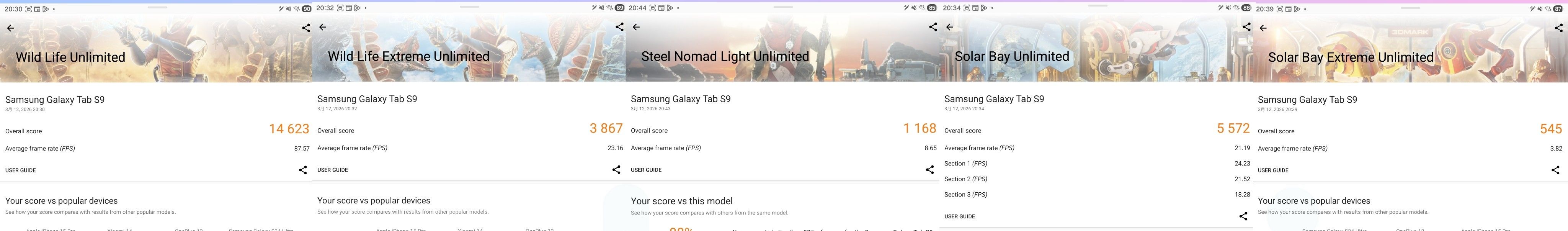 Galaxy Tab S9 3DMark wild life、wild life extreme、steel nomad light、solar bay、solar bey extreme