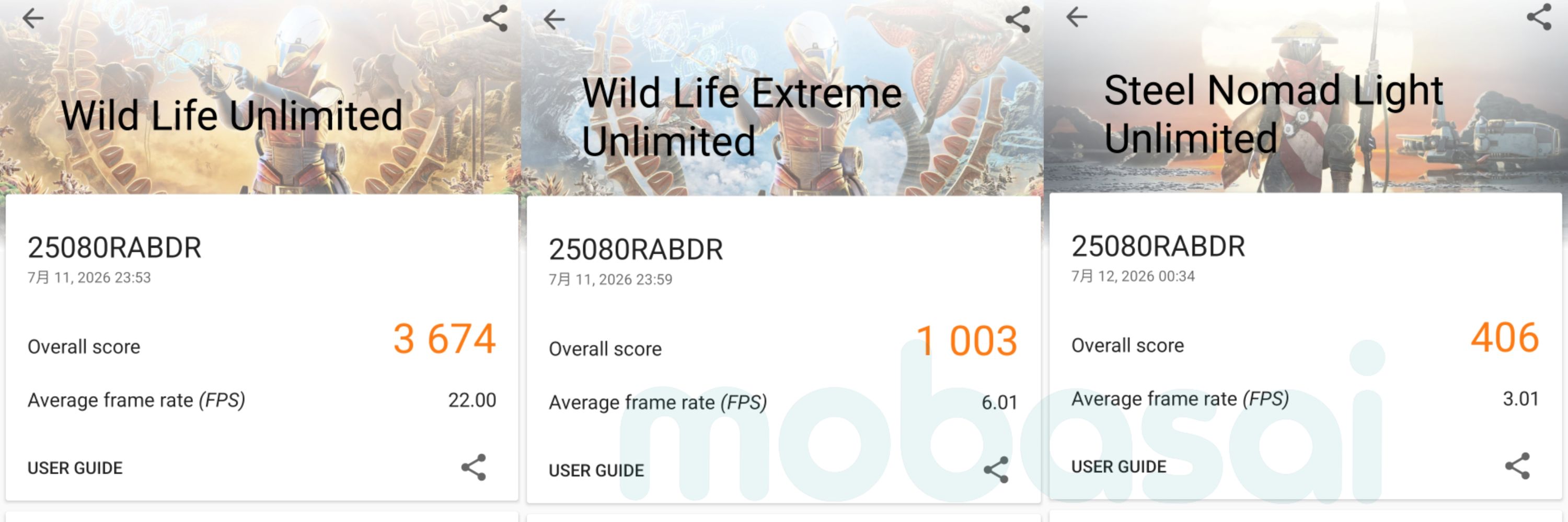 MediaTek Dimensity 7400-Ultra 3DMark 3DMark Wild Life Unlimited、Wild Life Extreme Unlimited、Steel Nomad Light Unlimited