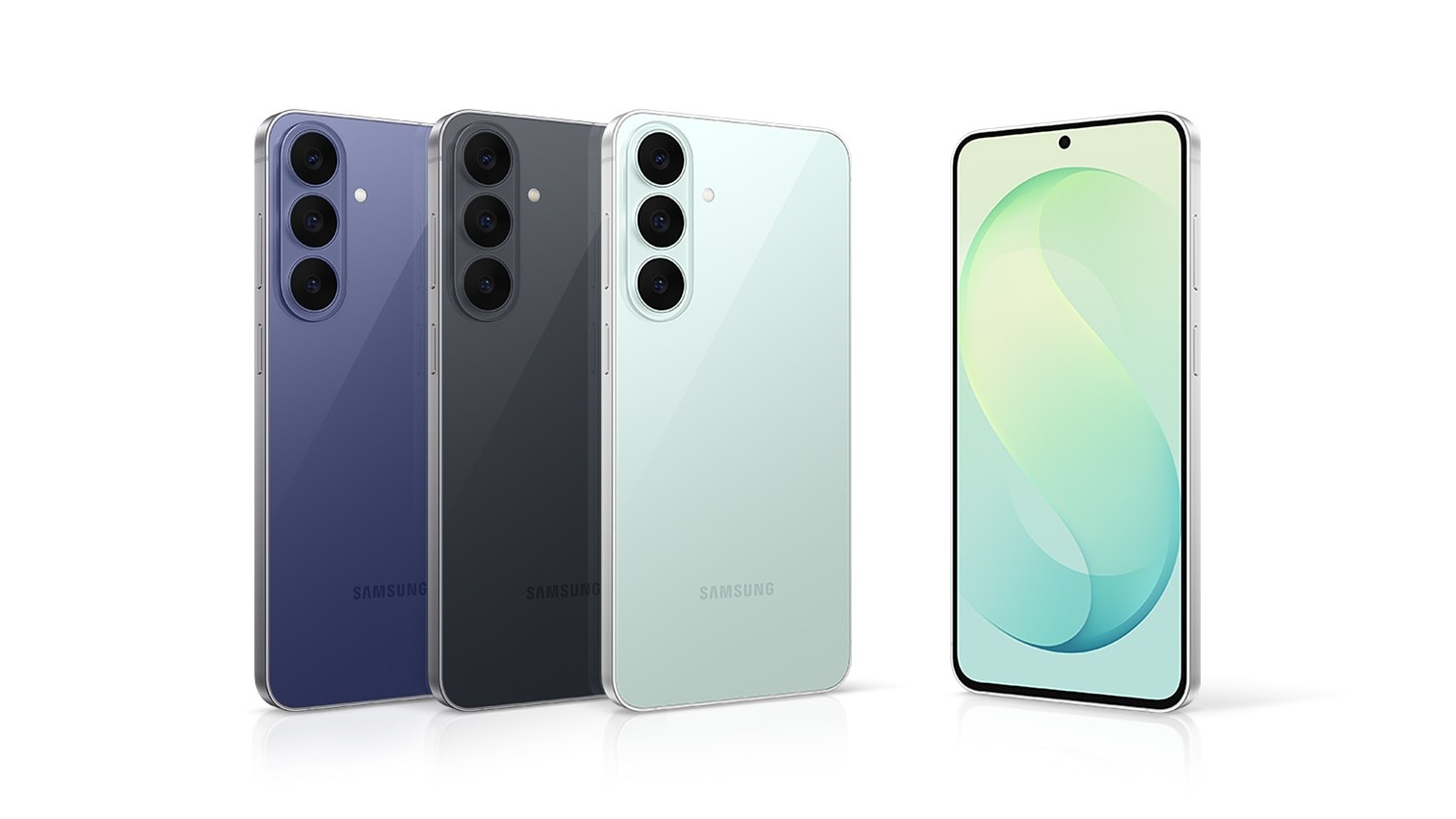 Galaxy S26 FEの背面デザイン(ブルーベリー・グラファイト・ピスタチオ)と正面