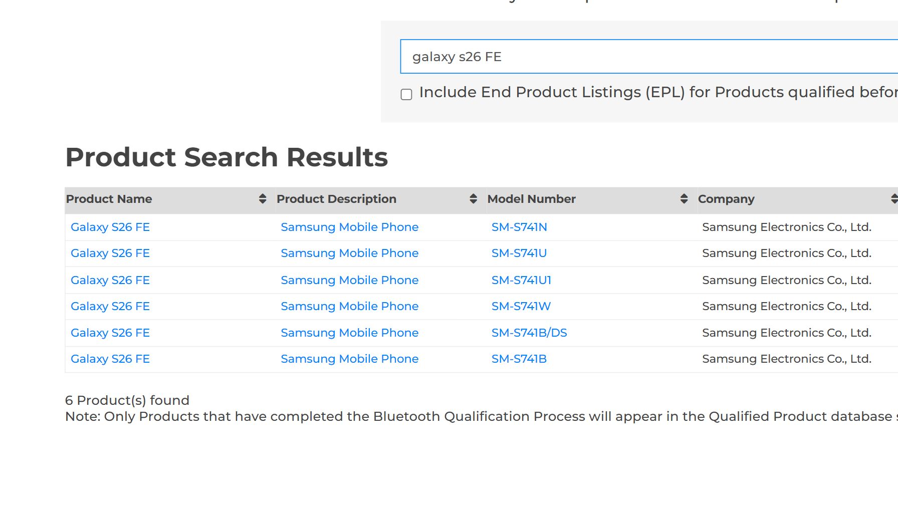 Galaxy S26 FEのBluetooth SIG認証情報