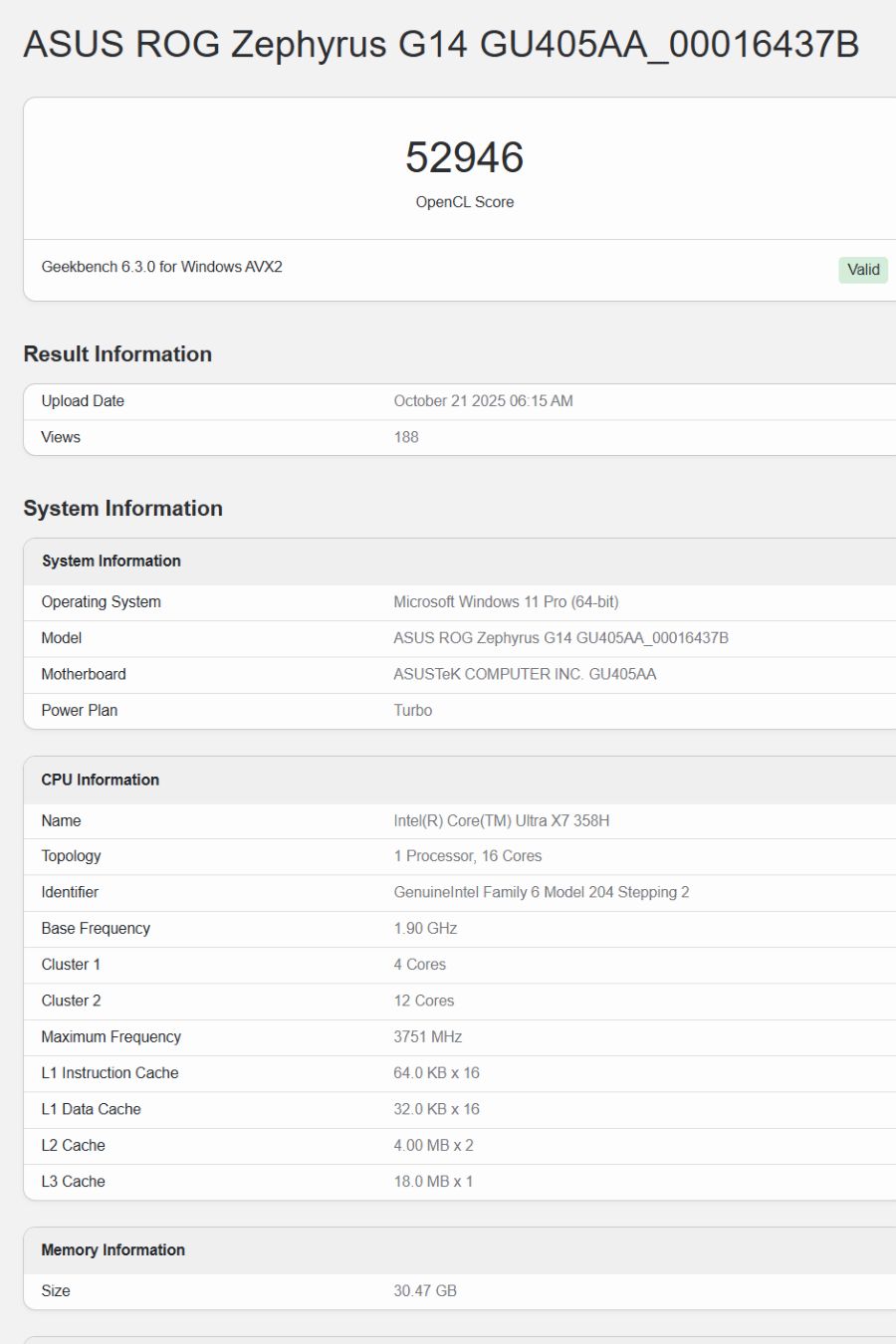 Intel Core Ultra X7 358H Geekbench GPU OpenCL 52949点
